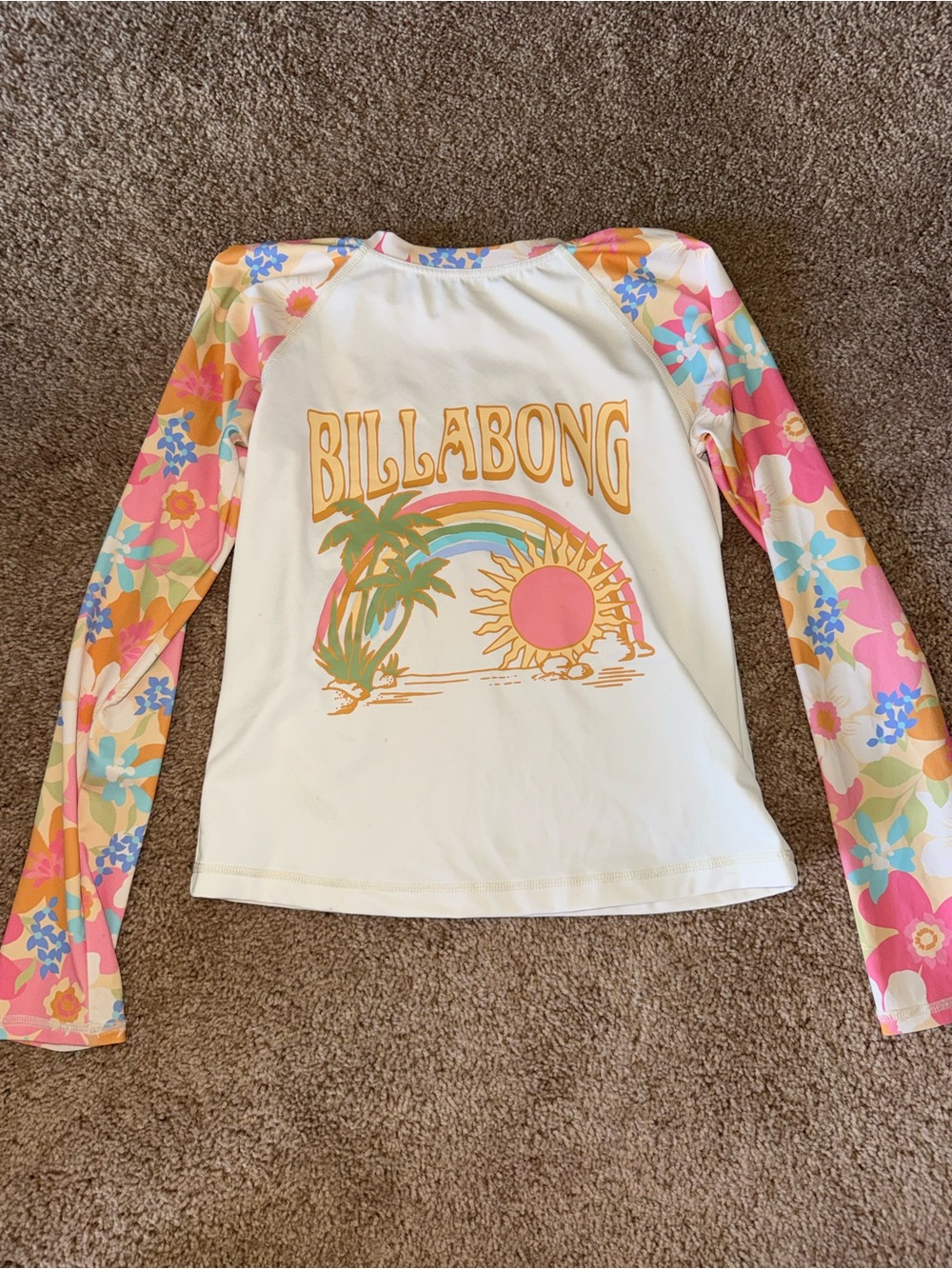 Billabong Girls' White Rashguard with Pink & Orange Floral Sleeves